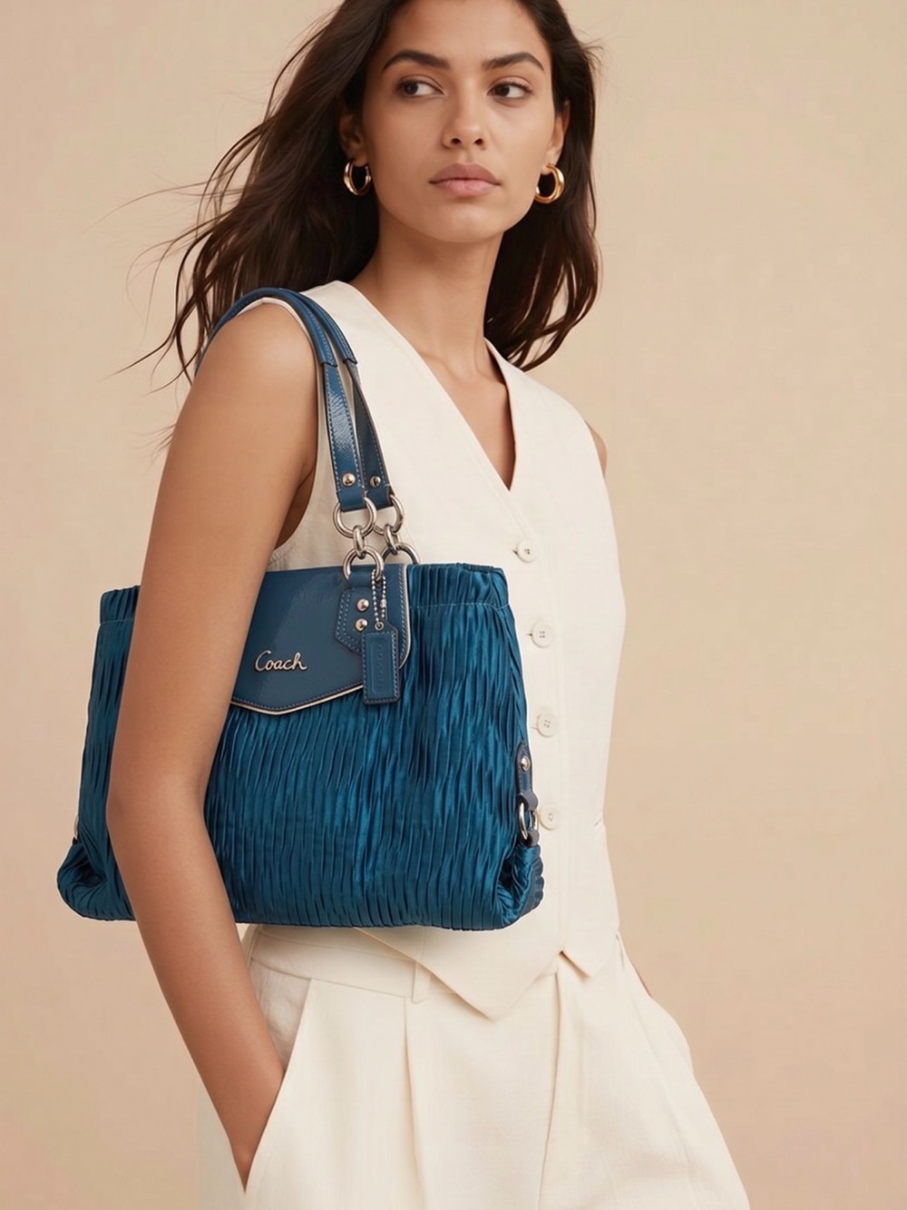 Coach Teal Pleated Tote Bag NWOT